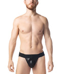 Intake jockstrap black mesh briefs with solid black waistband front view