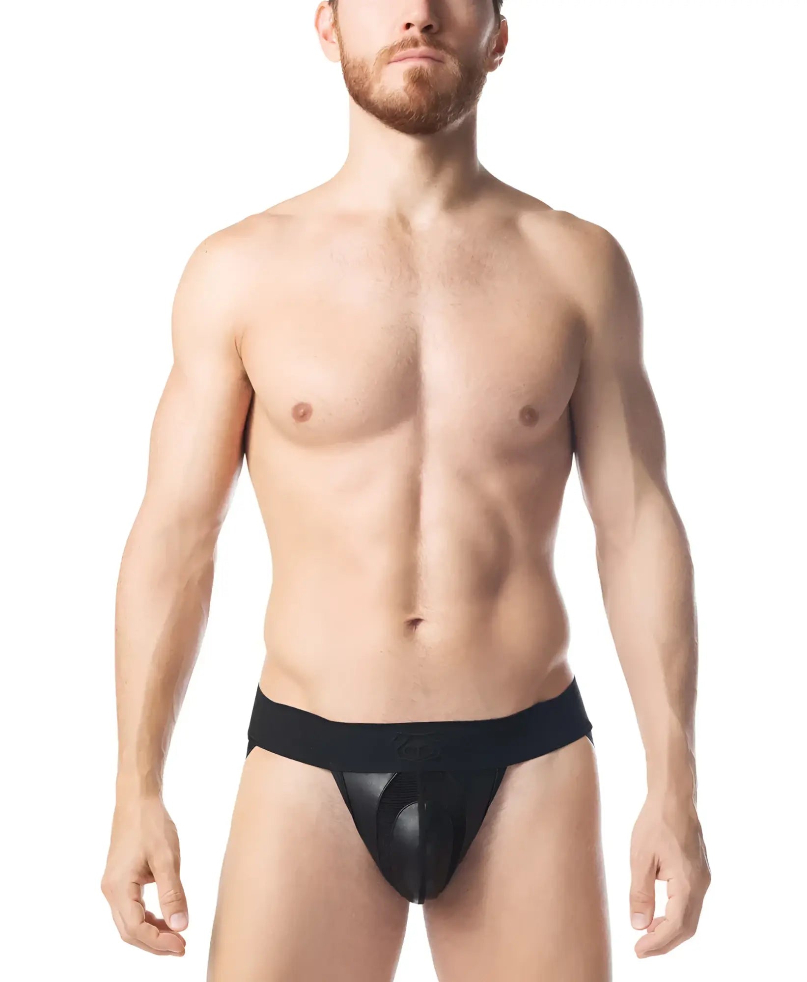 Intake jockstrap black mesh briefs with solid black waistband front view