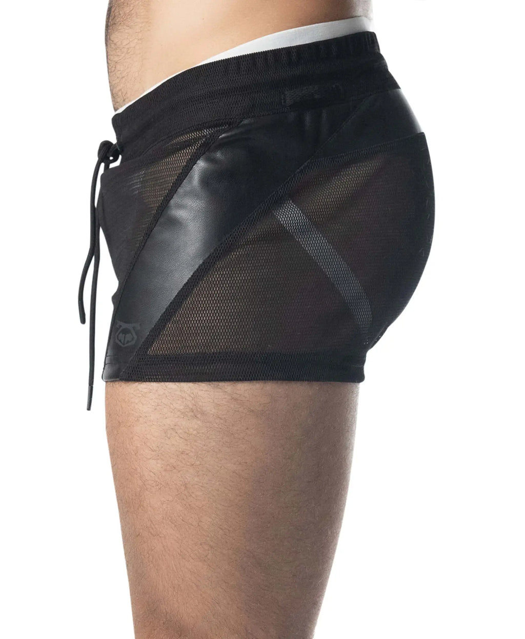 Black mesh intake trunk shorts with faux leather panels and drawstring waistband for casual wear