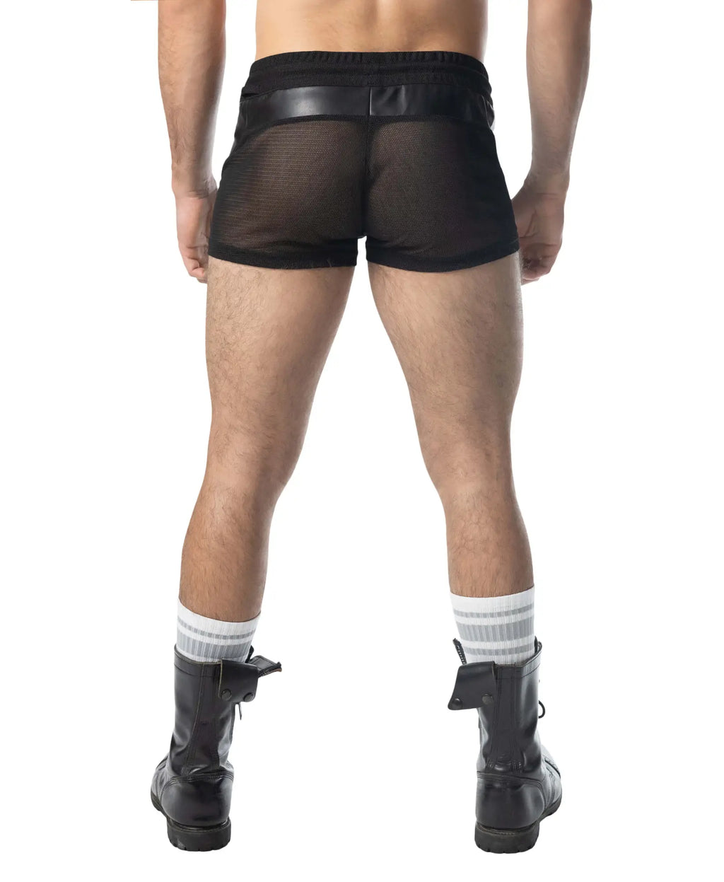 Intake trunk short black mesh shorts with a faux leather waistband for breathable athletic wear