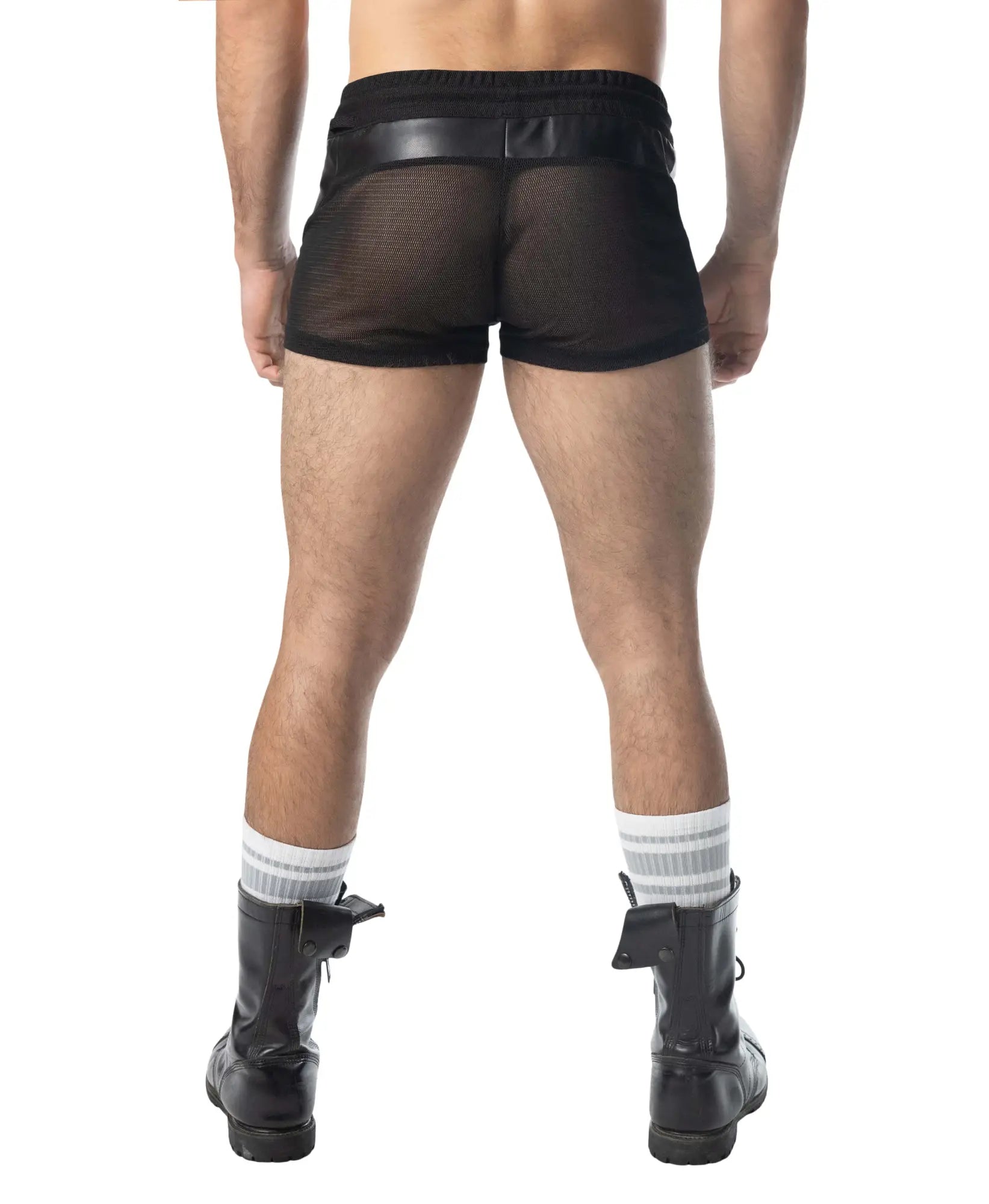 Intake trunk short black mesh shorts with a faux leather waistband for breathable athletic wear