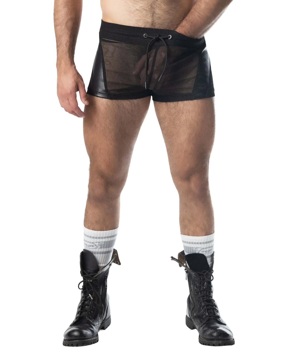 Intake trunk short in black mesh with a shiny faux-leather waistband and drawstring closure