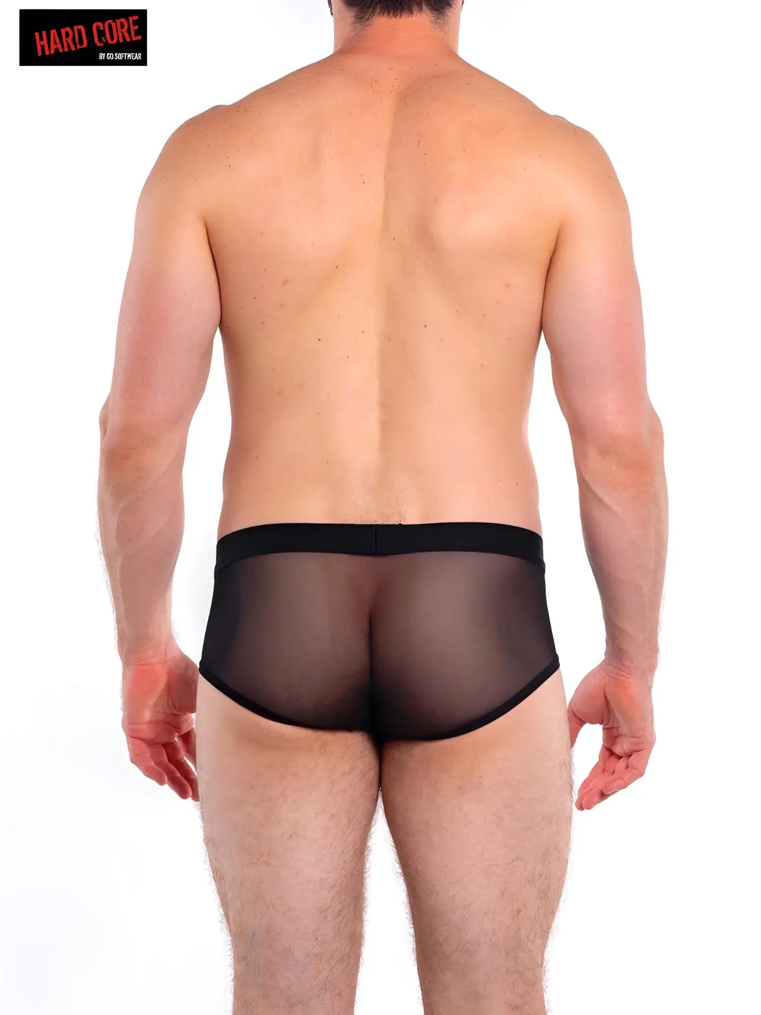 Black sheer mesh intimates brief with a solid black waistband shown from the back side
