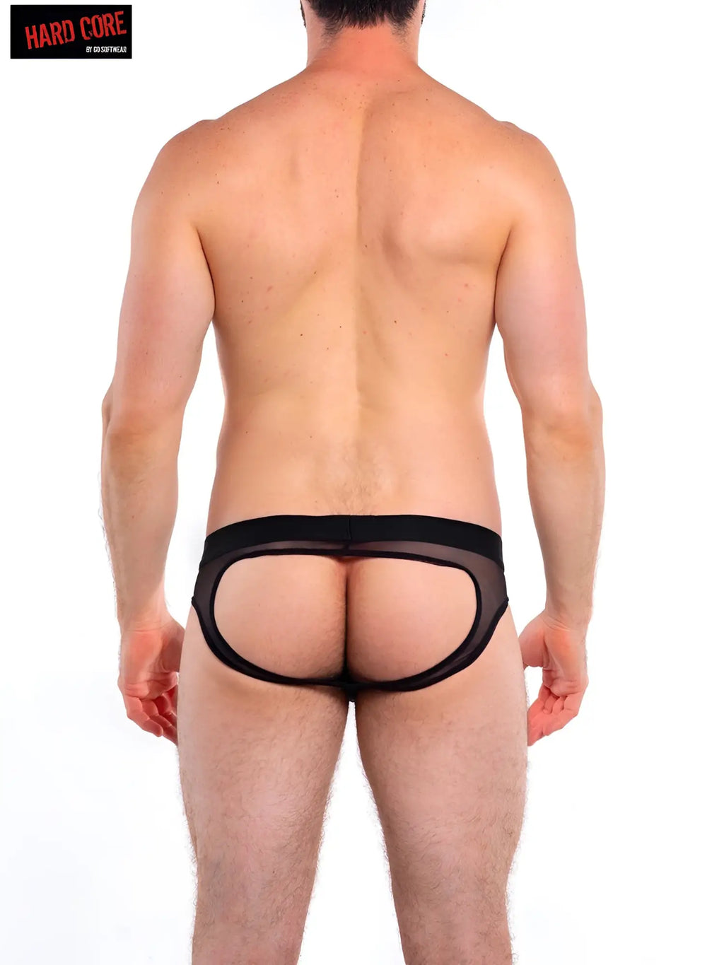 Black sheer mesh intimates jock brief with solid black waistband and back panel shown from the back side