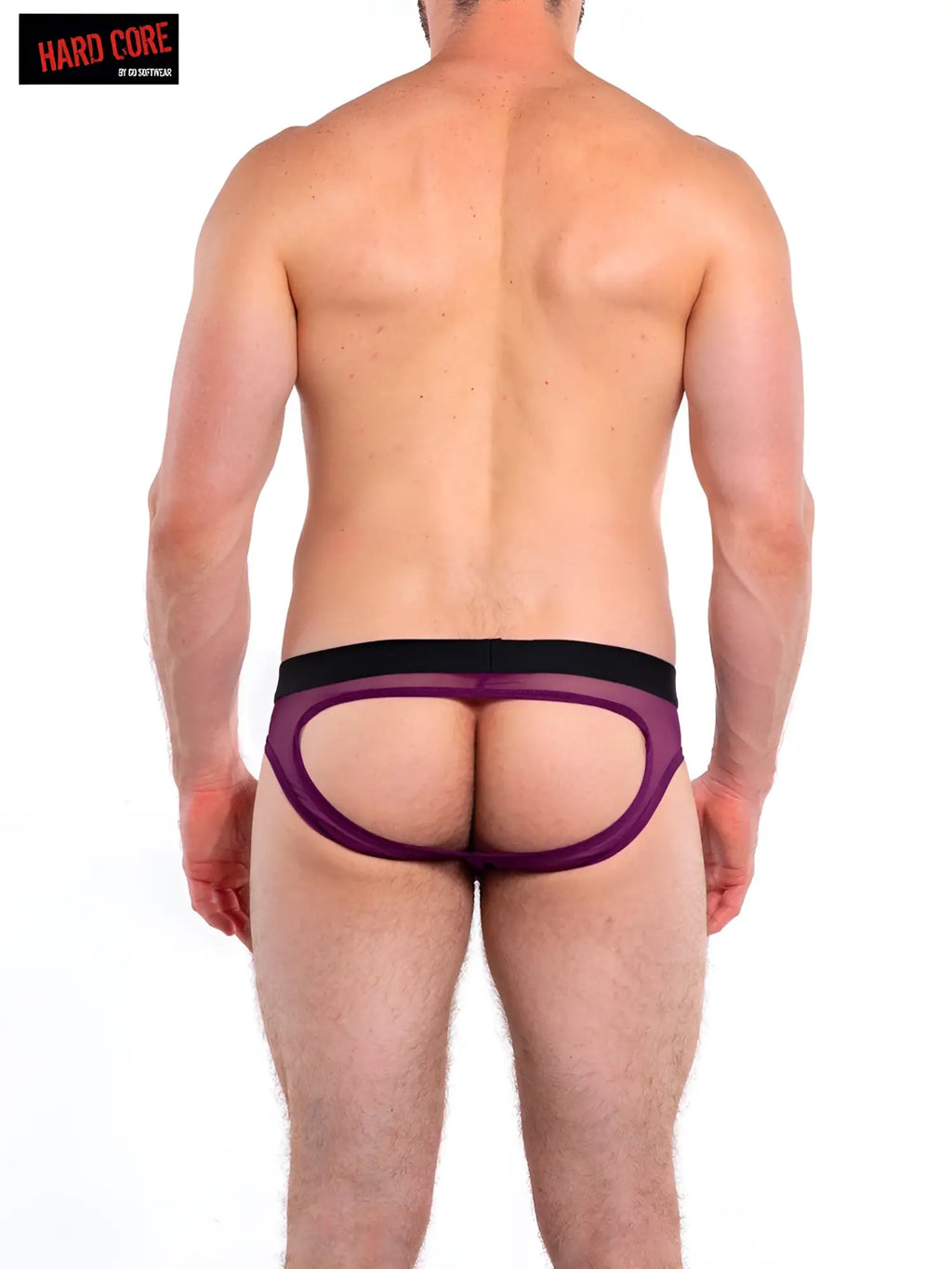 Purple mesh intimates jock brief with black waistband made by eustonwear from the hard core collection