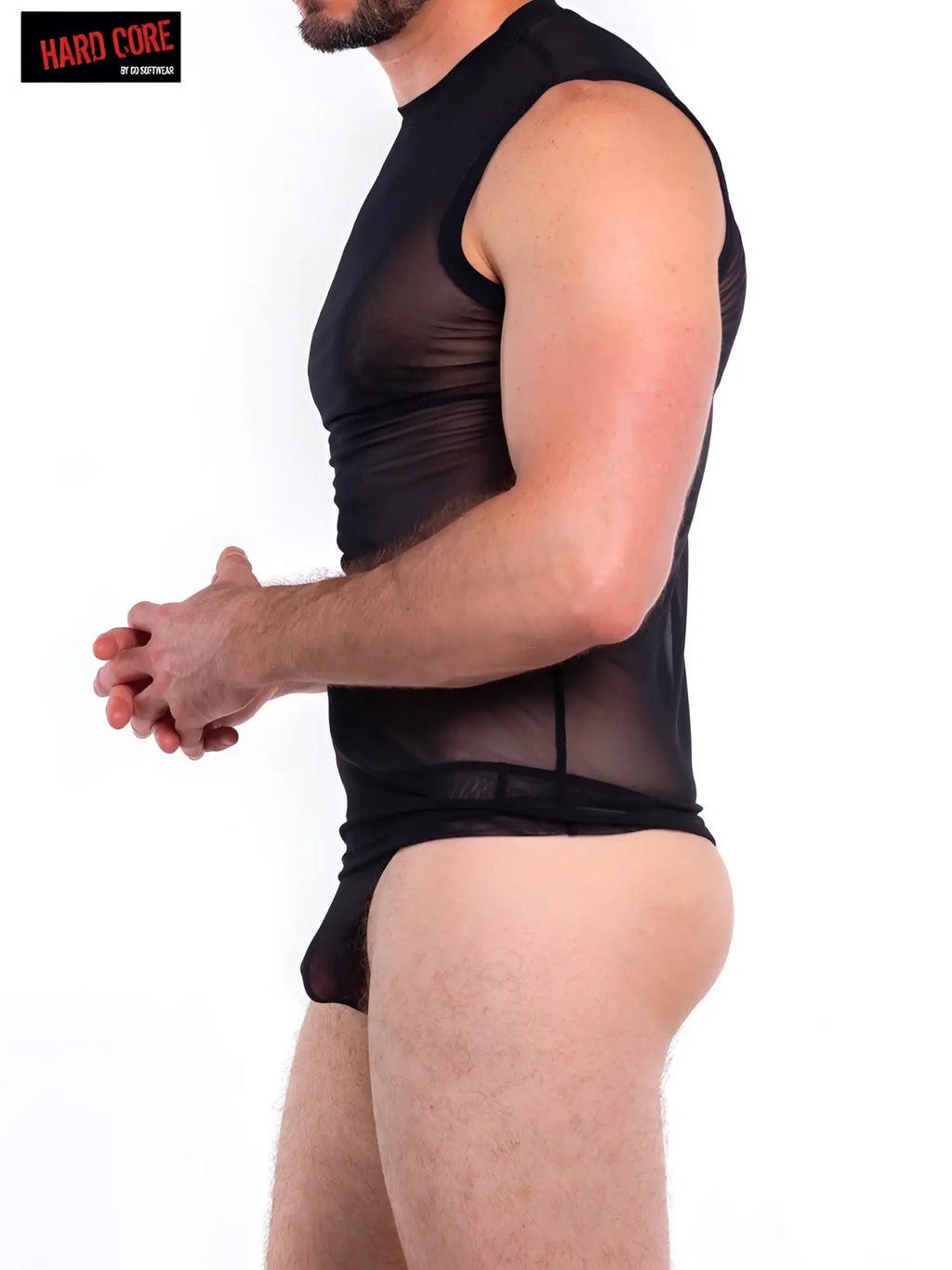 Black sheer mesh sleeveless tee with high neckline and snug fit from intimates collection