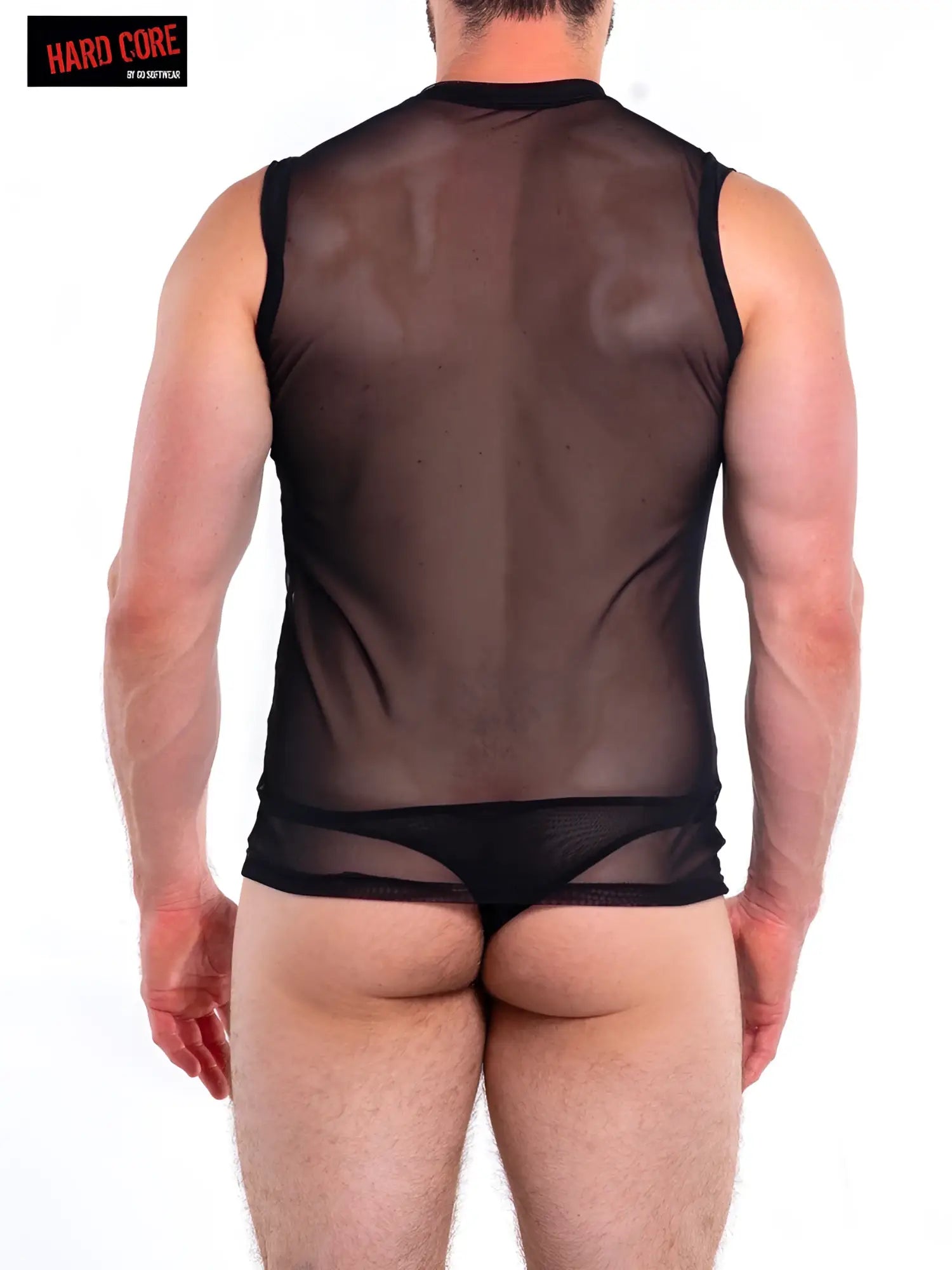 Black sheer mesh sleeveless top with black trim and high-waisted matching briefs in intimates sleeveless tee set