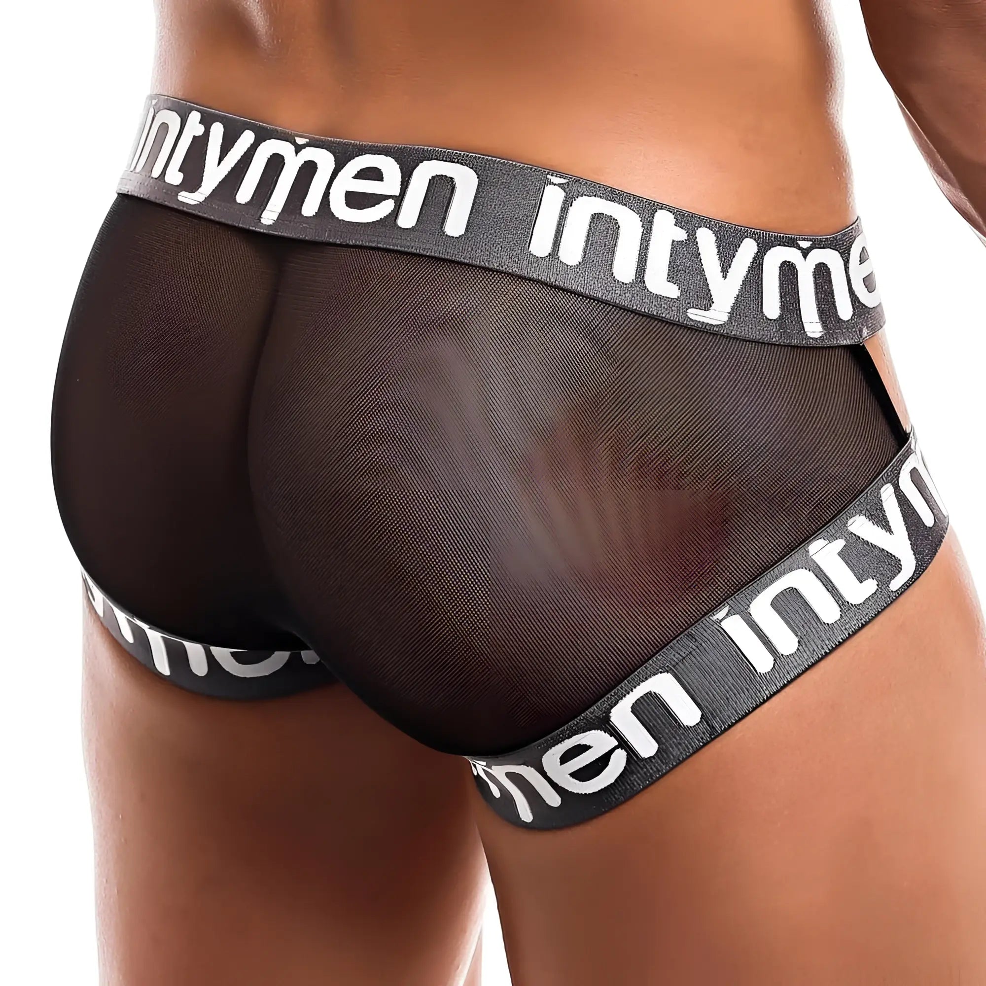Intymen ine017 jockstrap in black mesh briefs with gray elastic waistband and white intymen branding