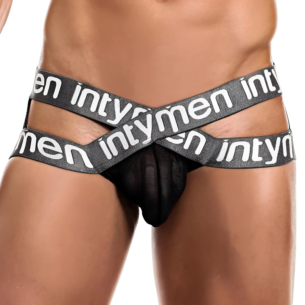 Black sheer mesh briefs with bold gray elastic waistband featuring white intymen branding in intymen INE017 jockstrap