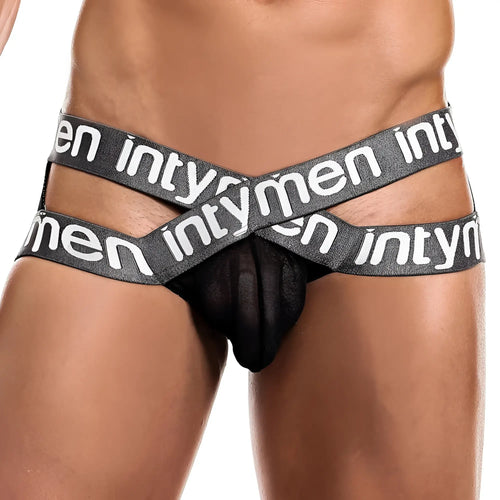 Black sheer mesh briefs with bold gray elastic waistband featuring white intymen branding in intymen INE017 jockstrap