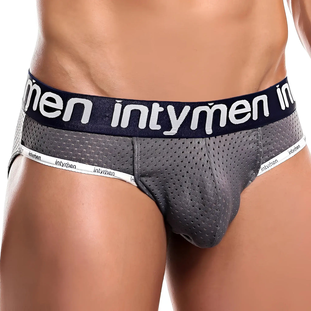 Gray mesh men’s briefs with navy blue waistband and white intymen branding from Intymen INE018 jockstrap collection