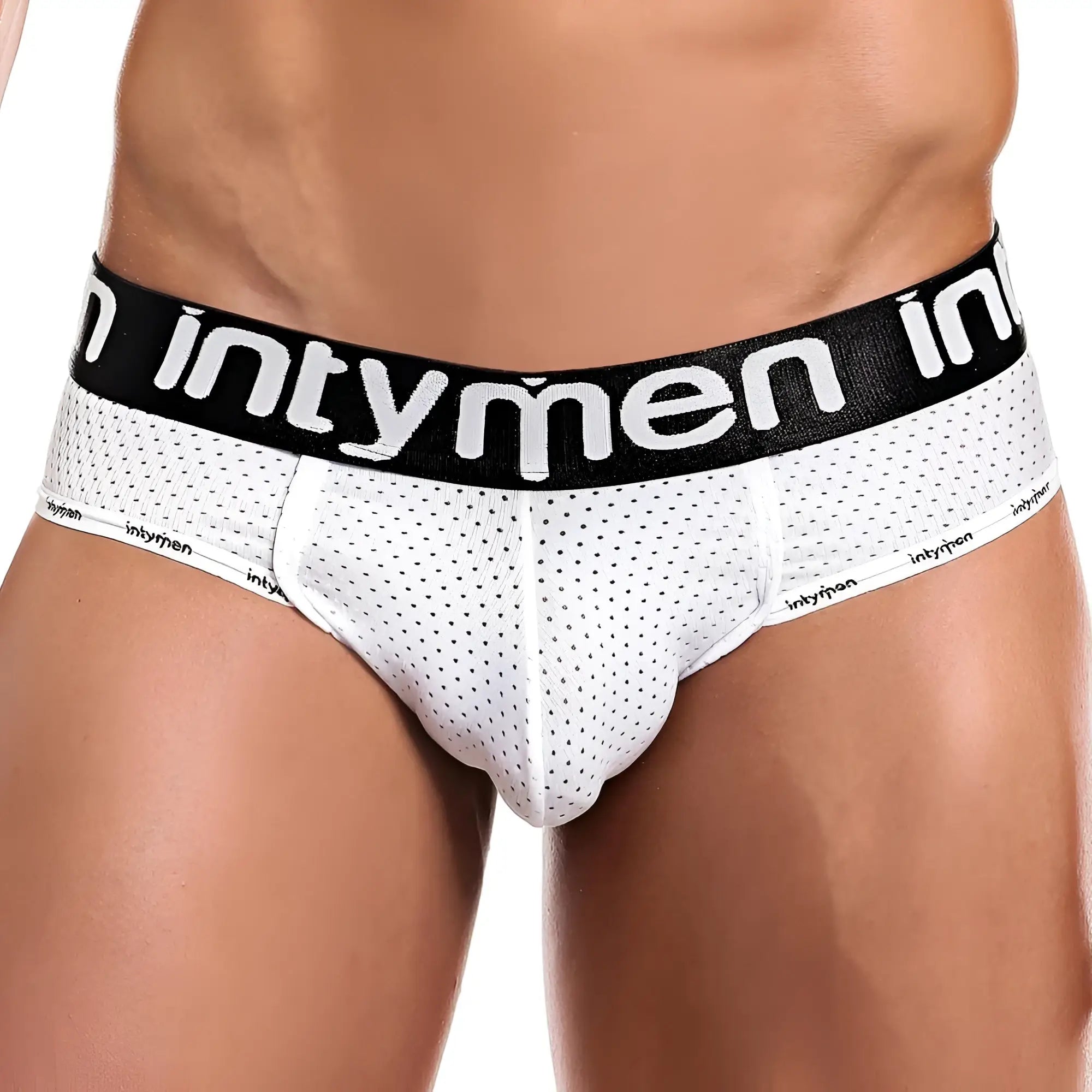 White perforated briefs with black waistband and intymen logo from intymen ine018 jockstrap collection