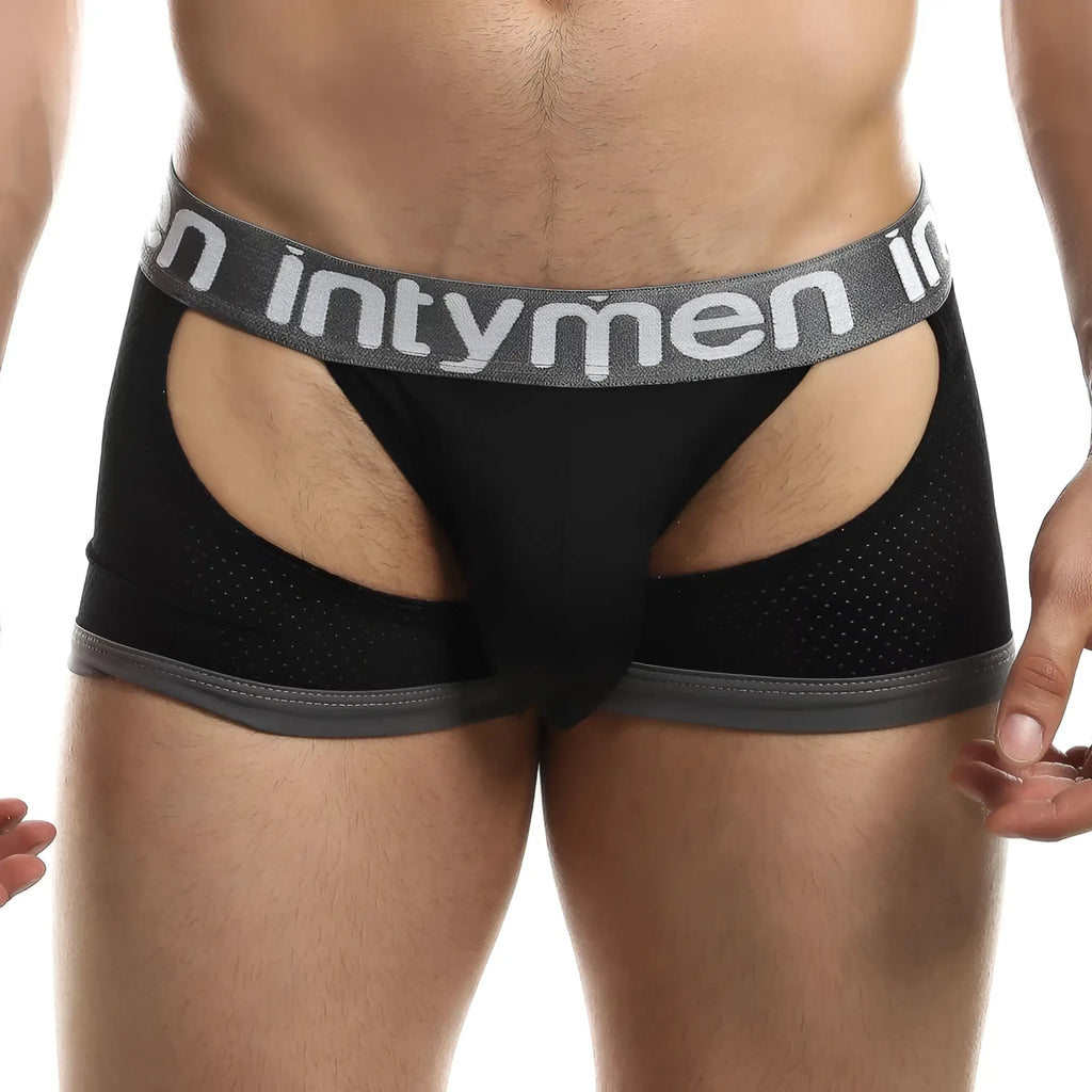 Black intymen ine019 jockstrap briefs with gray mesh panels and branded waistband visible from the front