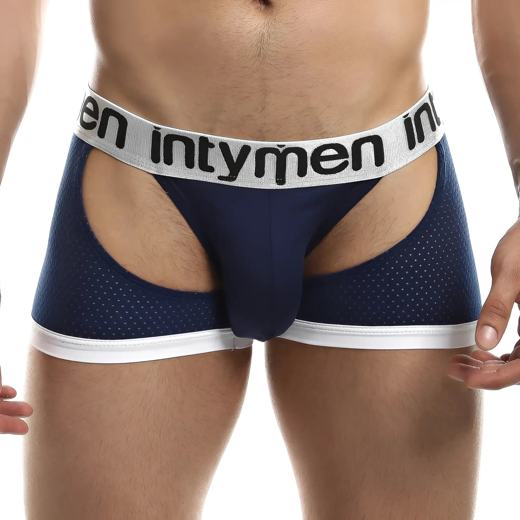 Navy blue mesh briefs with white trim and gray waistband featuring intymen brand name in black lettering