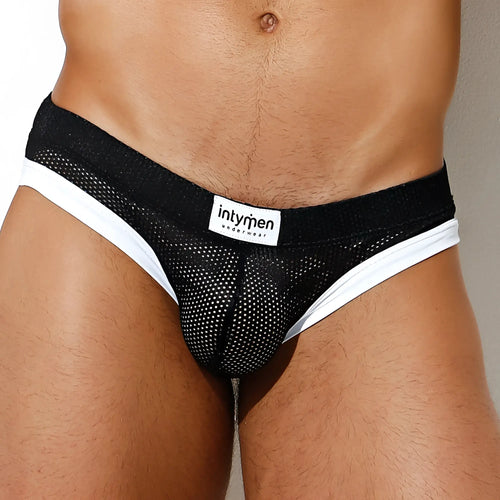 Black mesh briefs with white trim and intymen branded label in the front for the intymen ine022 jockstrap
