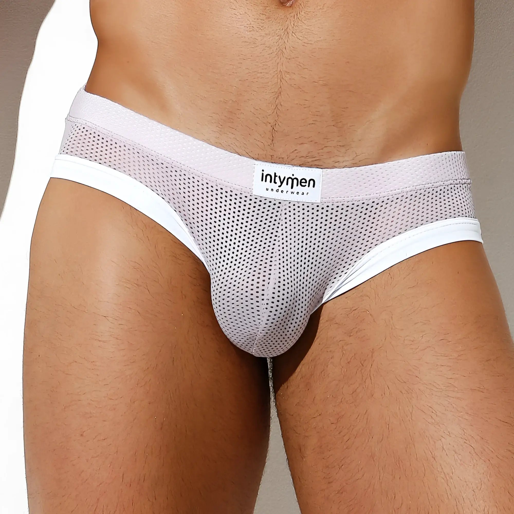 Light gray mesh briefs with white trim and intymen branded label from the inekin ine022 jockstrap collection