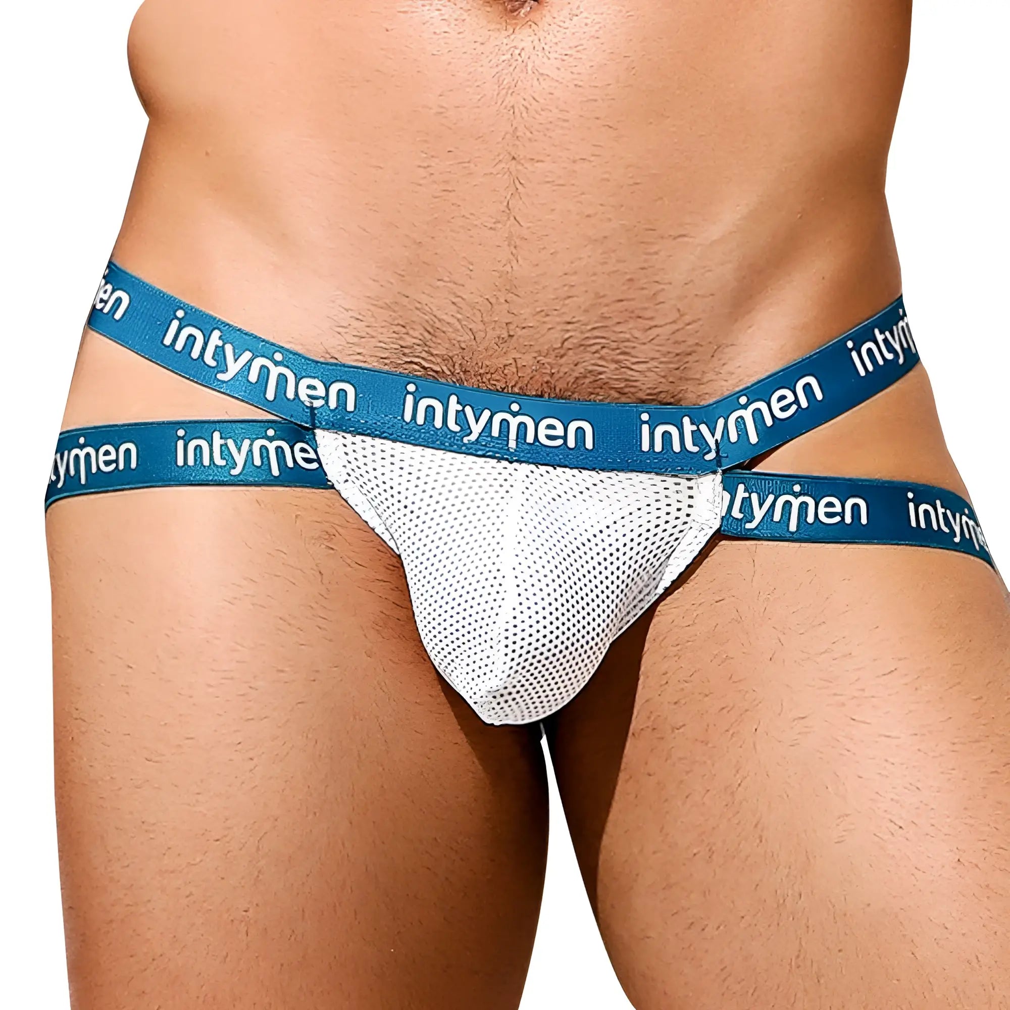 White mesh briefs with blue elastic waistband featuring intymen brand name in white lettering for INE024 jockstrap
