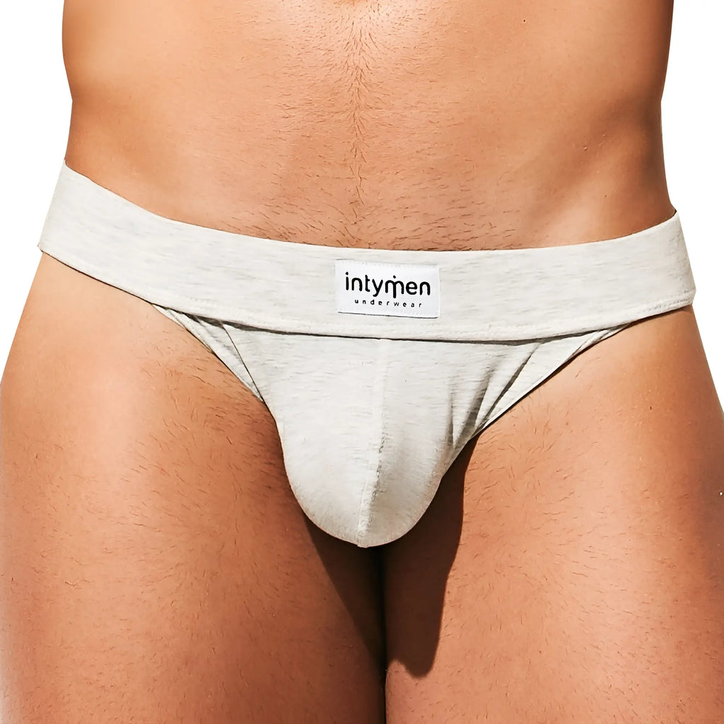 Light gray heathered cotton briefs with white intymen underwear label on waistband in intymen ine026 jockstrap product
