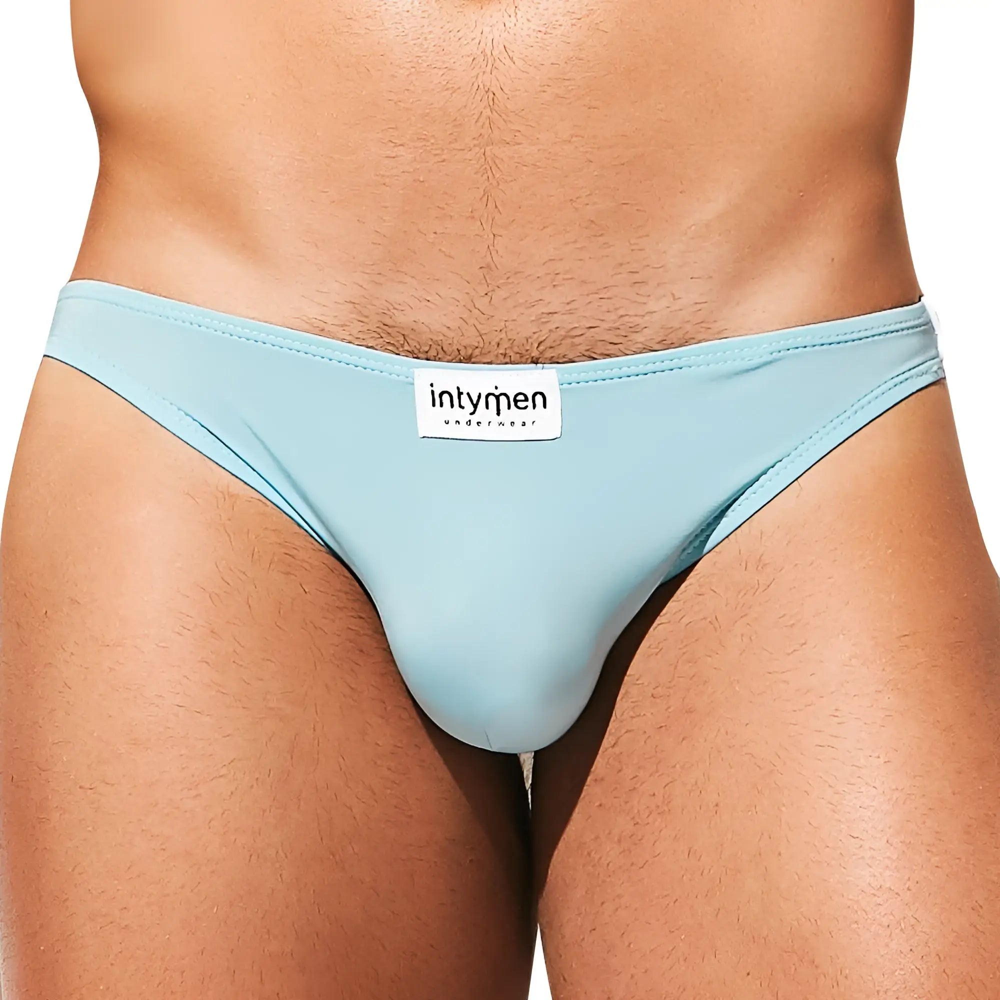 Light blue smooth-textured men’s briefs with white intymen underwear label at waistband from Intymen INE027 jockstrap collection