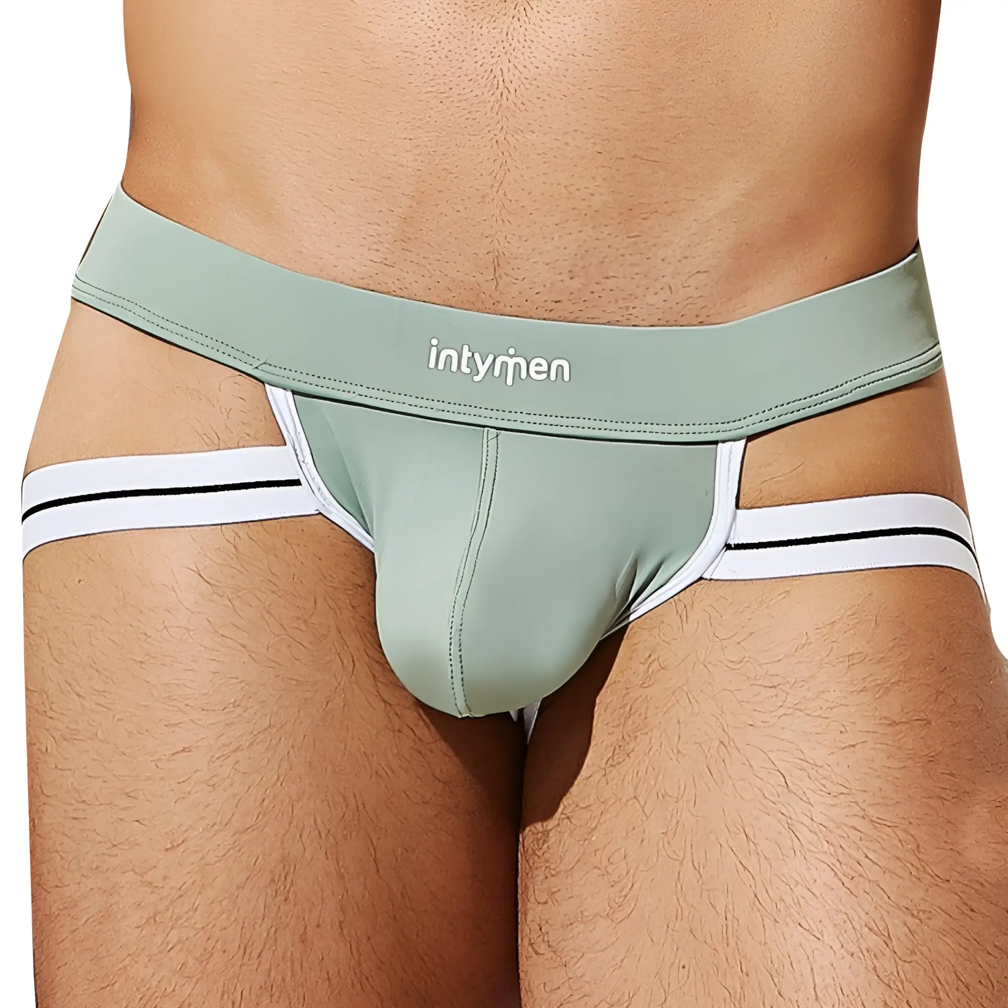 Mint green intymen ine030 jockstrap briefs with white and black striped side bands for comfortable support