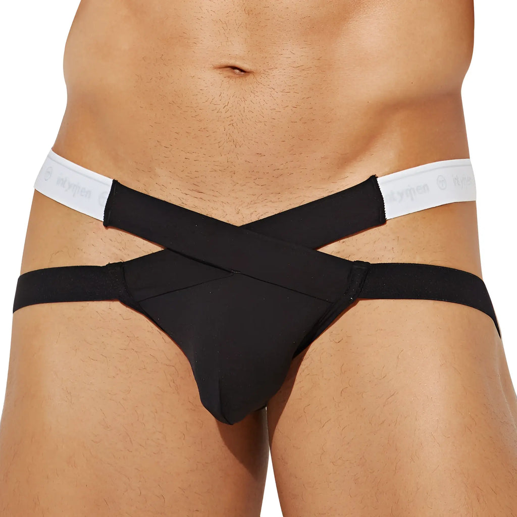 Black Intymen INE031 jockstrap with cross-strapped men’s briefs and white elastic waistband featuring subtle logo