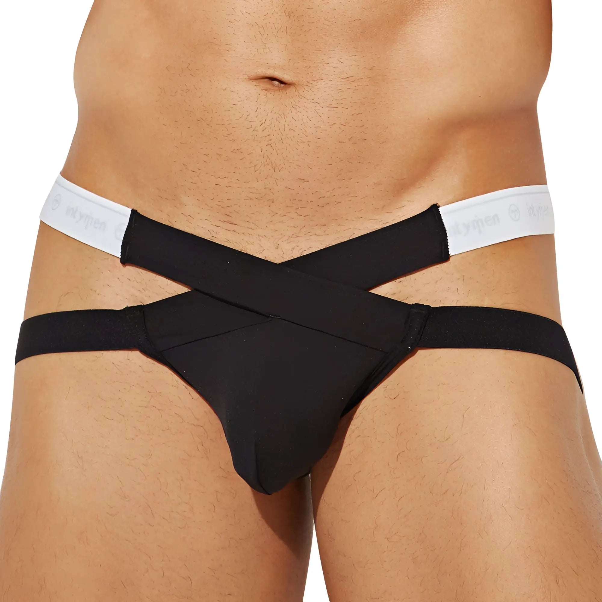Black Intymen INE031 jockstrap with cross-strapped men’s briefs and white elastic waistband featuring subtle logo