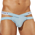 Light blue form-fitting men’s jockstrap with crisscross design and white elastic waistband featuring Intymen logo