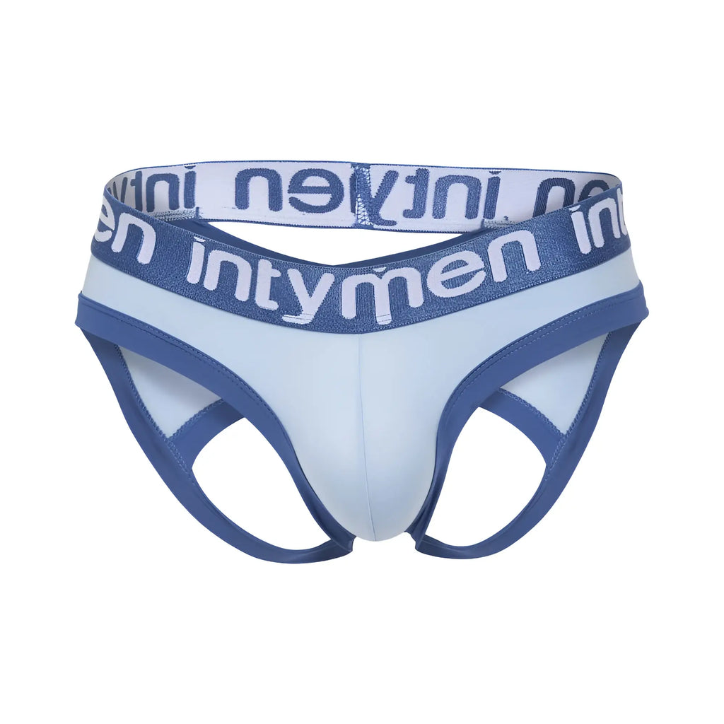 Blue and white intymen ine037 jockstrap briefs with stretchy waistband featuring bold brand name lettering
