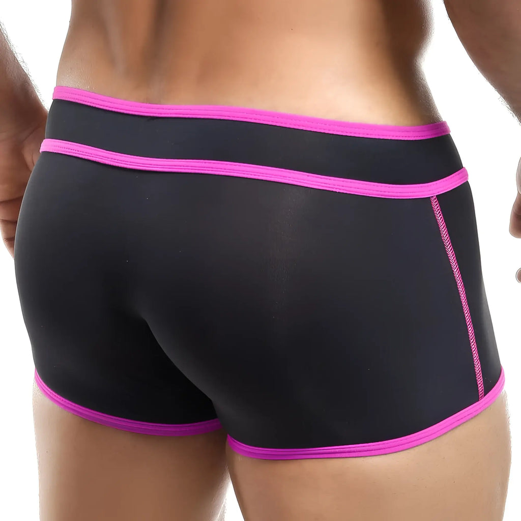 Intymen ING052 boxer trunk in black with vibrant pink trim featuring a sleek form-fitting swim design