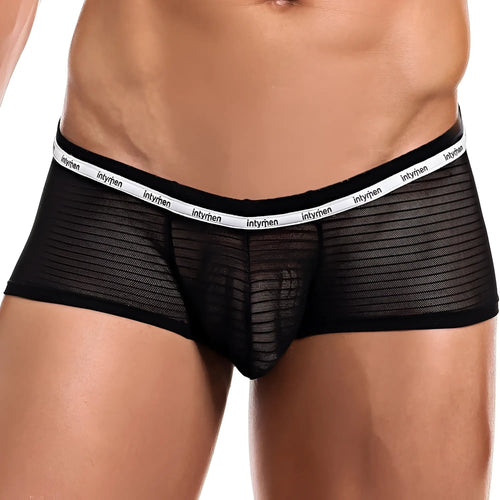 Black mesh briefs with a white intymen elastic waistband from the Intymen ING065 boxer trunk collection