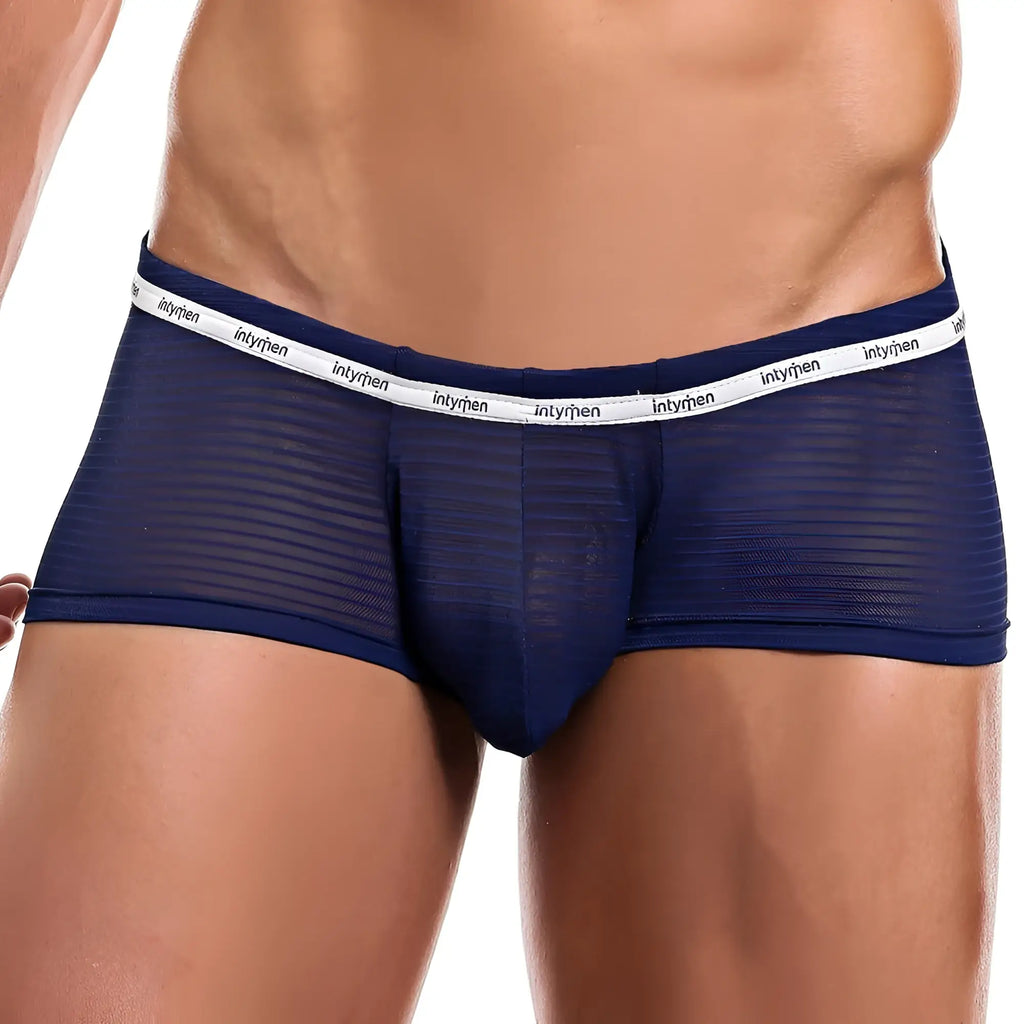 Navy blue mesh briefs with white elastic waistband and intymen branding in the intymen ING065 boxer trunk design
