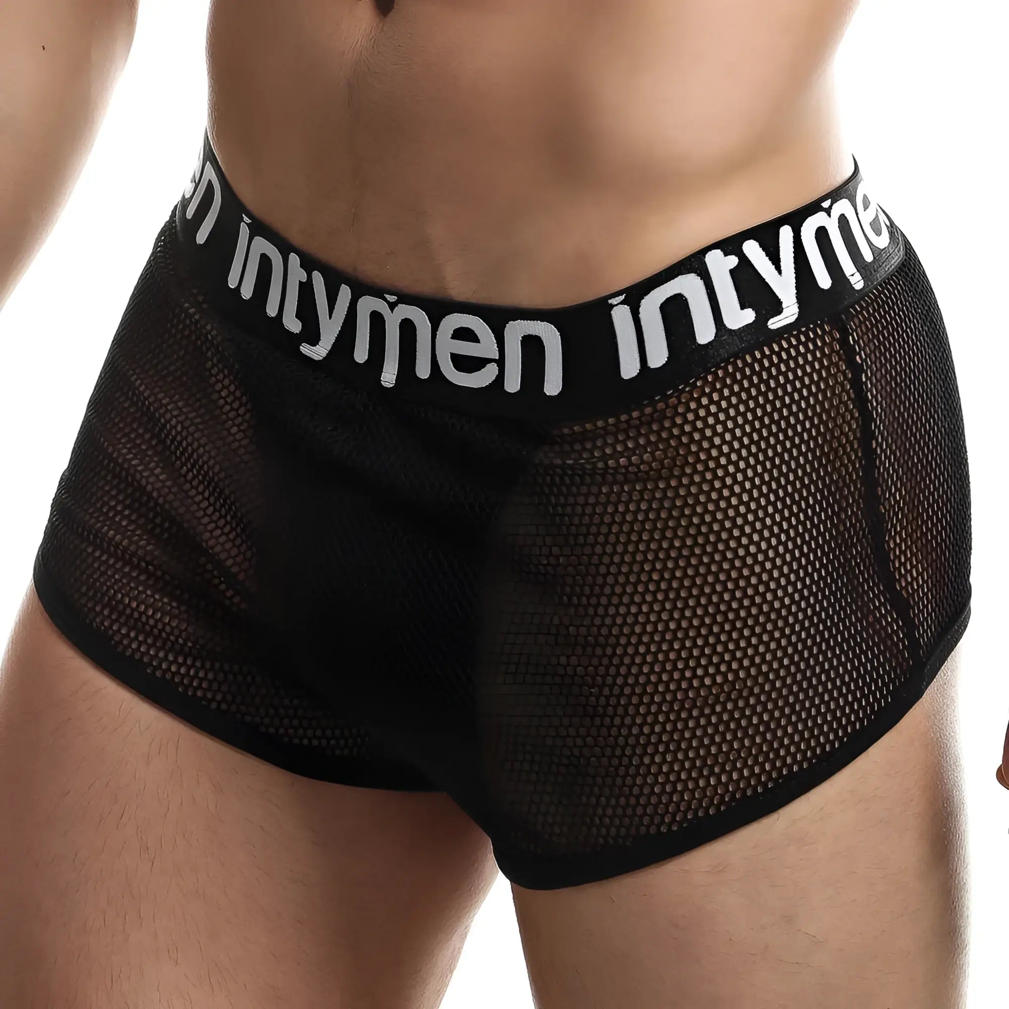 Black mesh briefs with black elastic waistband featuring intymen branding in white from the intymen ing066 jockstrap collection