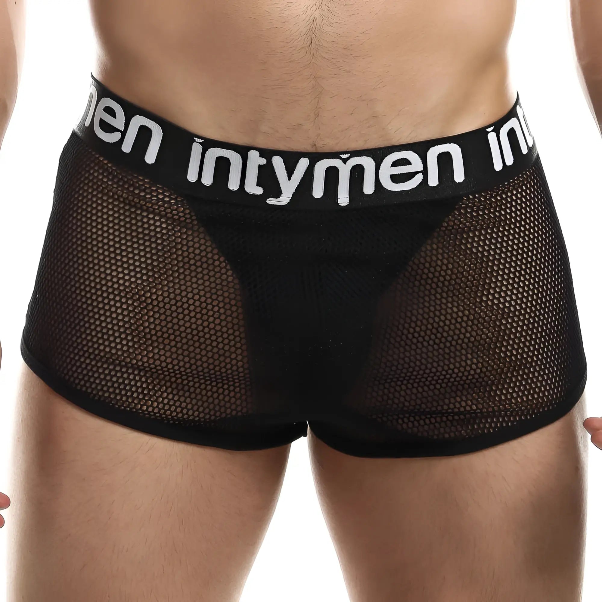 Black mesh men’s jockstrap with solid black waistband featuring intymen branding ING066 model