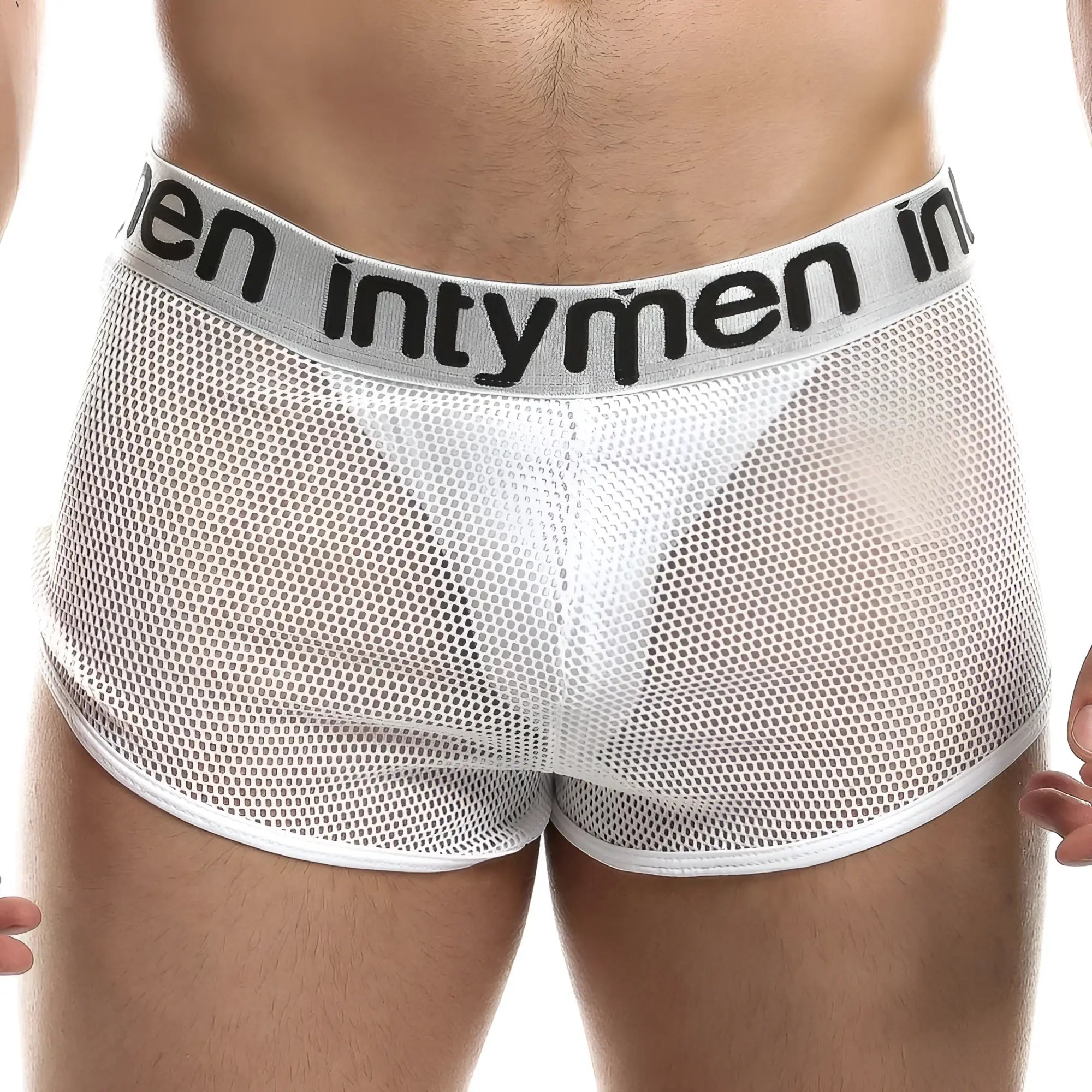 White mesh men’s intymen ing066 jockstrap with gray elastic waistband and black branding front view