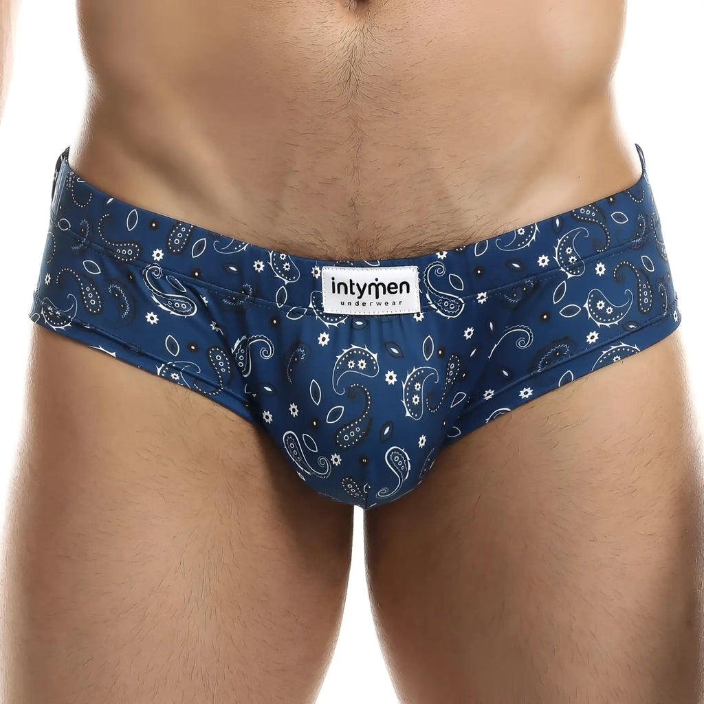 Blue paisley-patterned intymen ing067 boxer trunk briefs with white and black accents and intymen underwear label