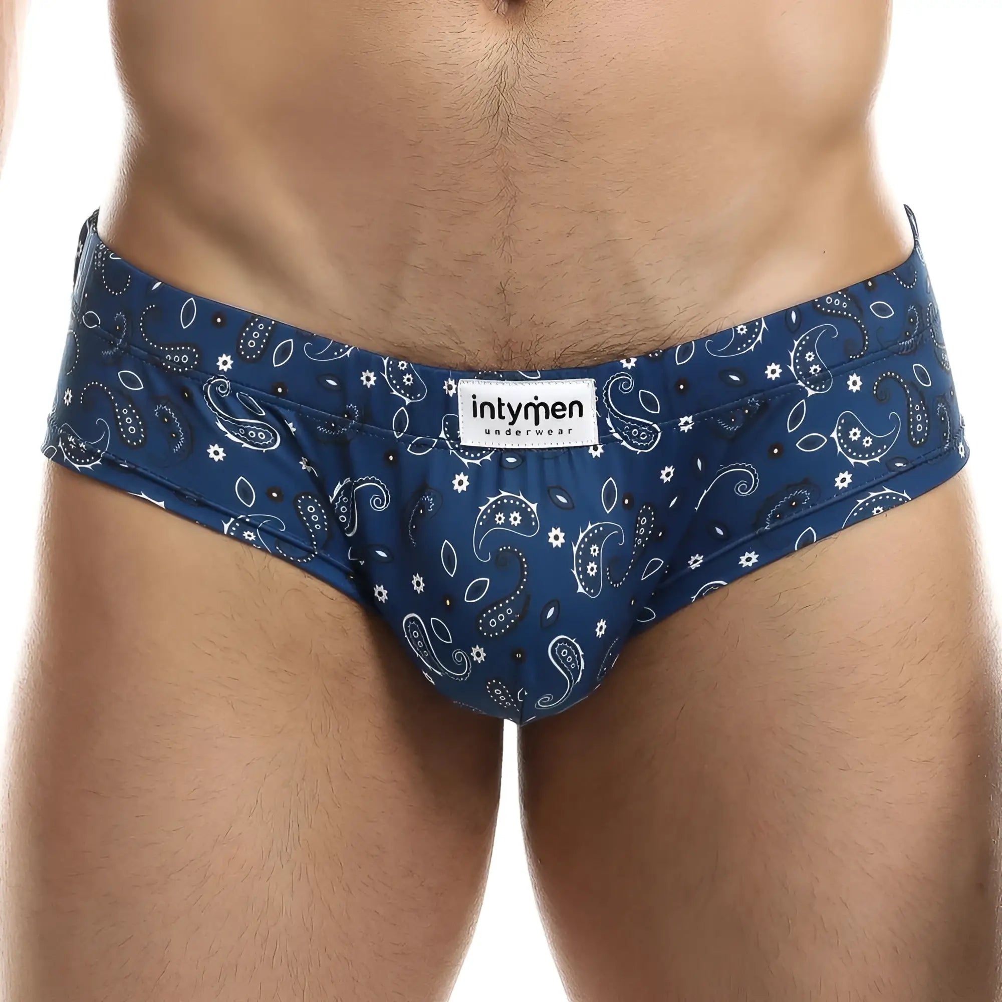 Blue paisley-patterned intymen ing067 boxer trunk briefs with white and black accents and intymen underwear label