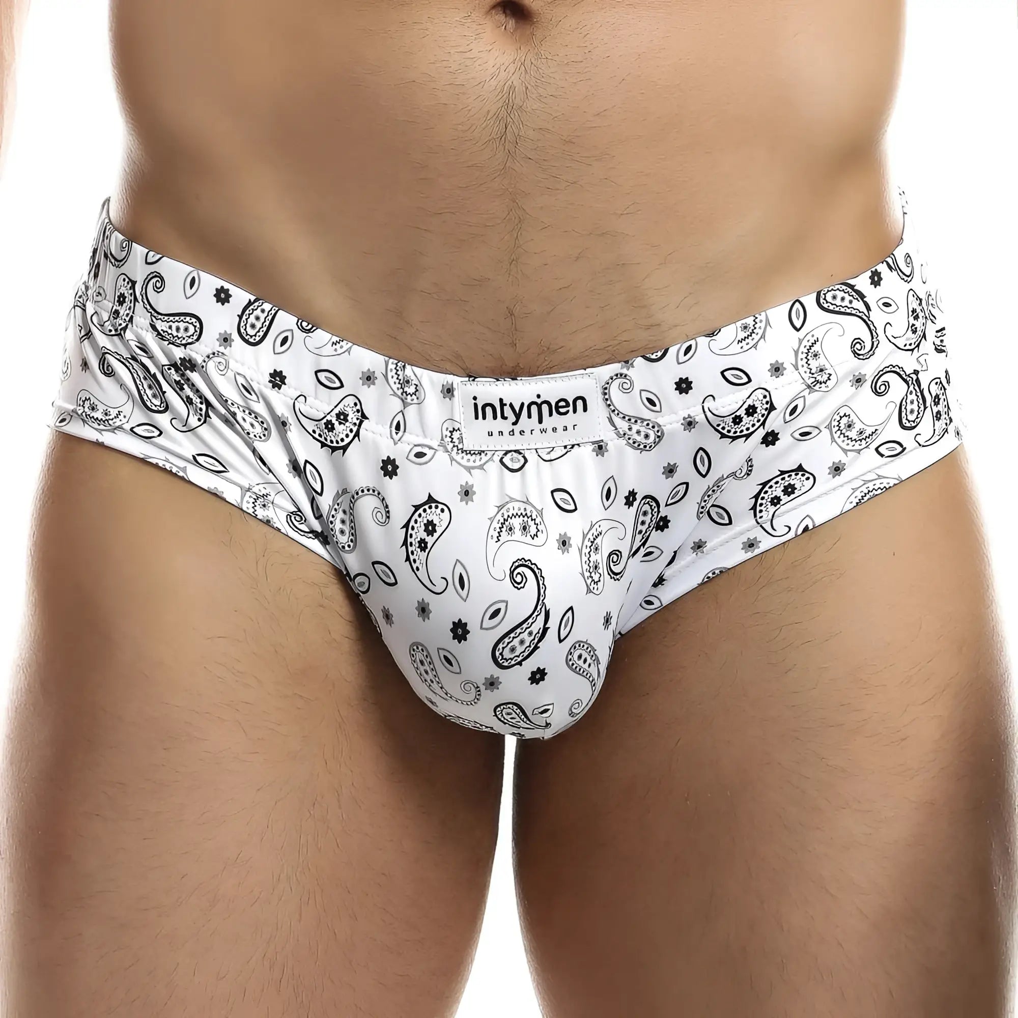 White men’s briefs with black paisley and floral patterns featuring intymen underwear branded label ing067 boxer trunk