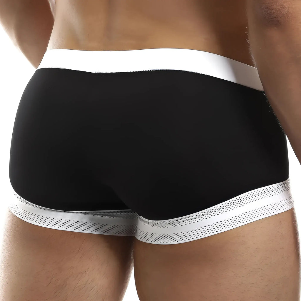 Intymen ING068 black boxer trunk briefs with white elastic waistband and perforated white trim on leg openings