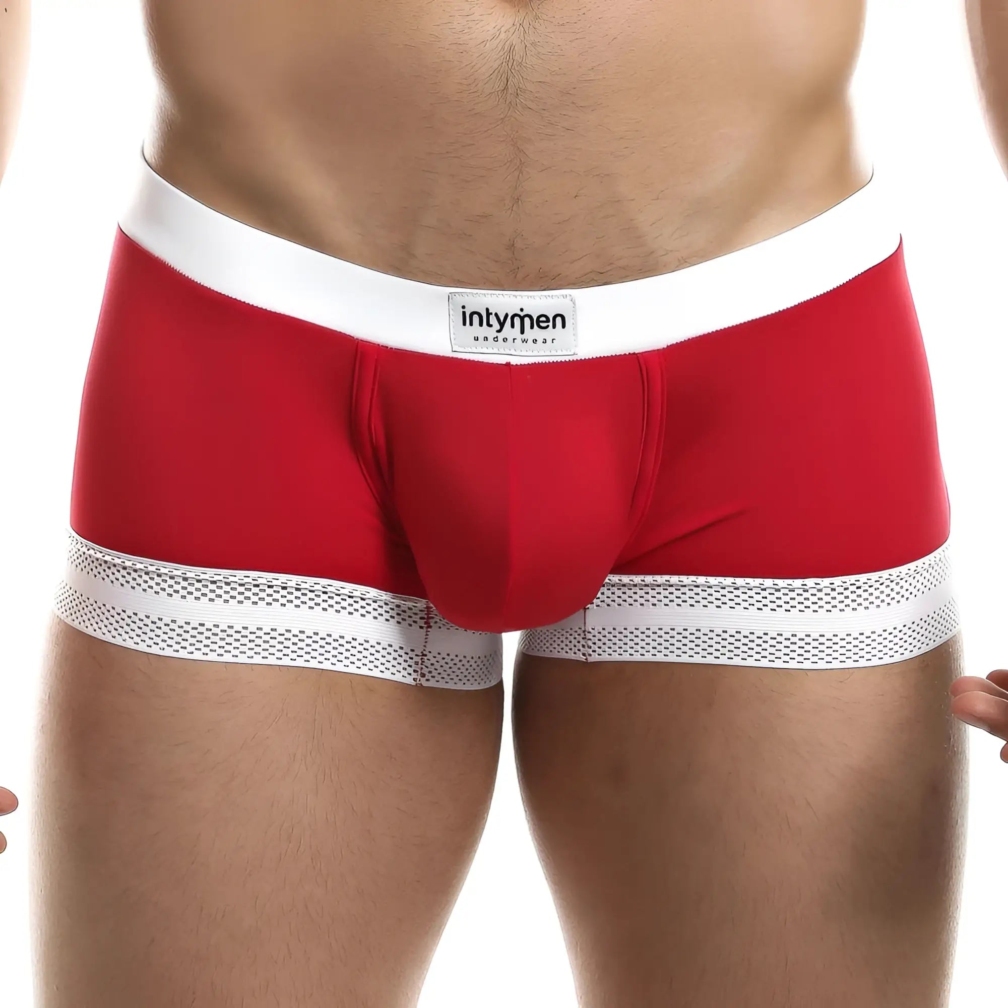 Red men’s briefs intymen ING068 boxer trunk with white waistband and gray mesh trim along leg openings