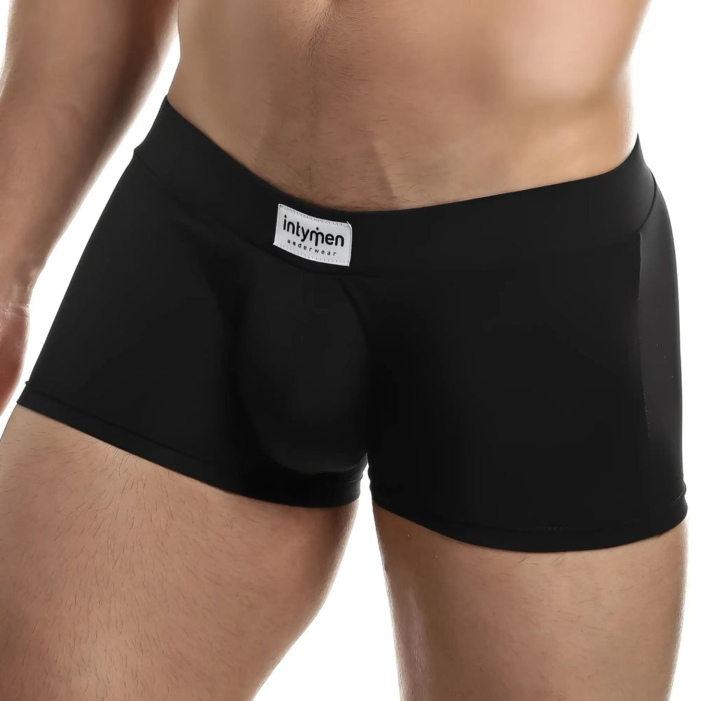 Black intymen ING069 boxer trunk briefs with smooth form-fitting fabric and white brand label on waistband