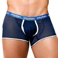 Intymen ING073 boxer trunk in navy blue mesh with white trim and a blue waistband featuring the intymen brand name