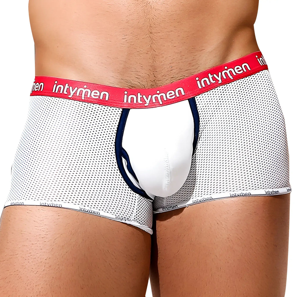 White mesh briefs with red intymen waistband and navy trim on pouch from Intymen ING073 boxer trunk collection