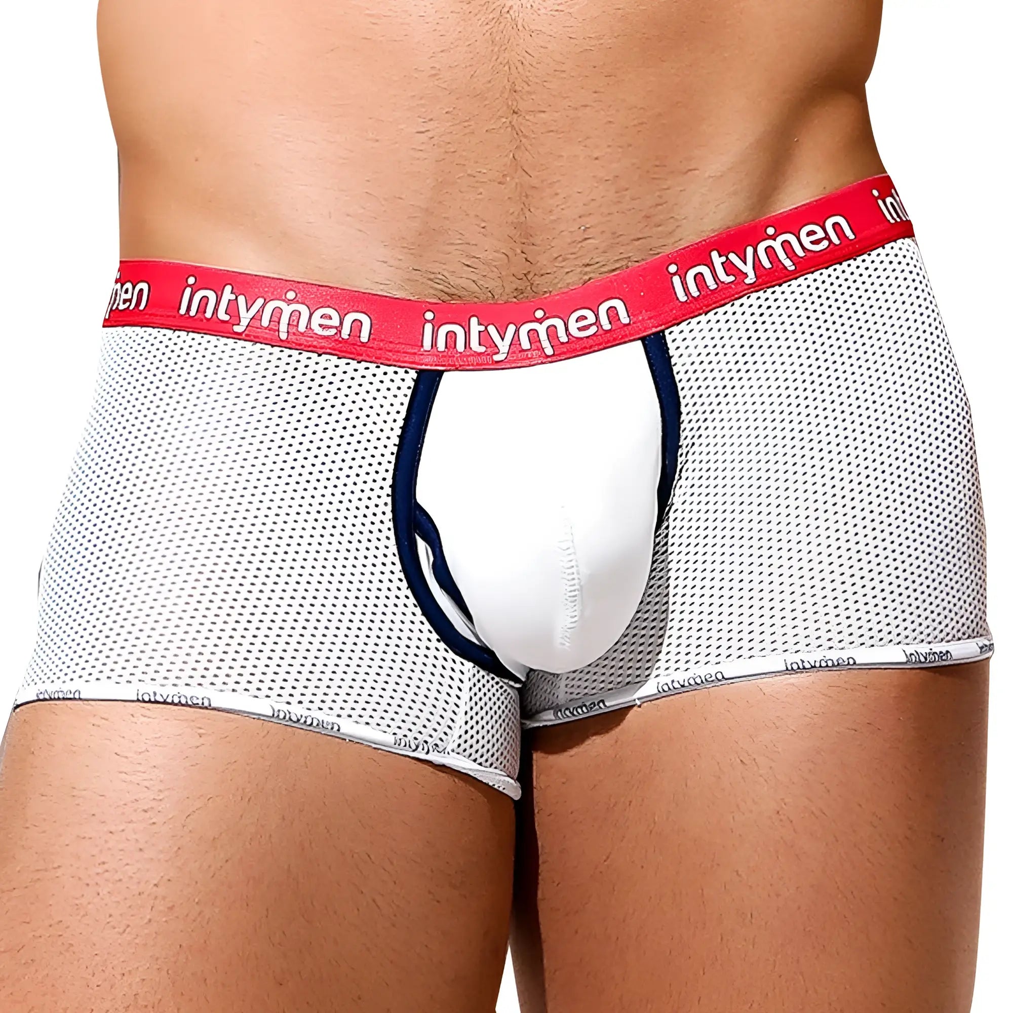 White mesh briefs with red intymen waistband and navy trim on pouch from Intymen ING073 boxer trunk collection