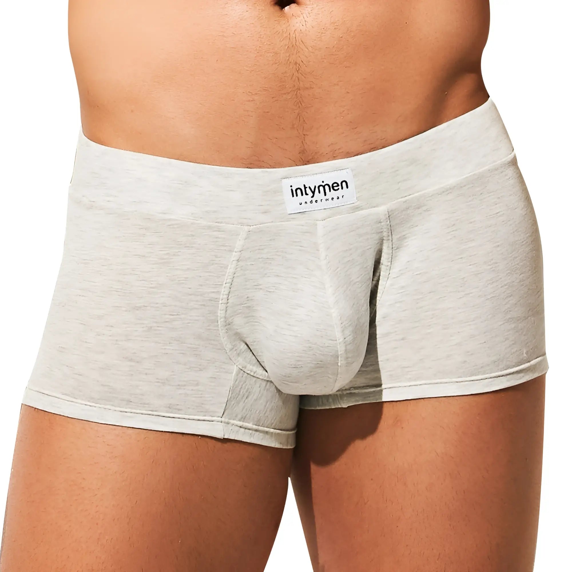 Light gray heathered cotton Intymen ING074 boxer trunk briefs with a white Intymen underwear label on the waistband