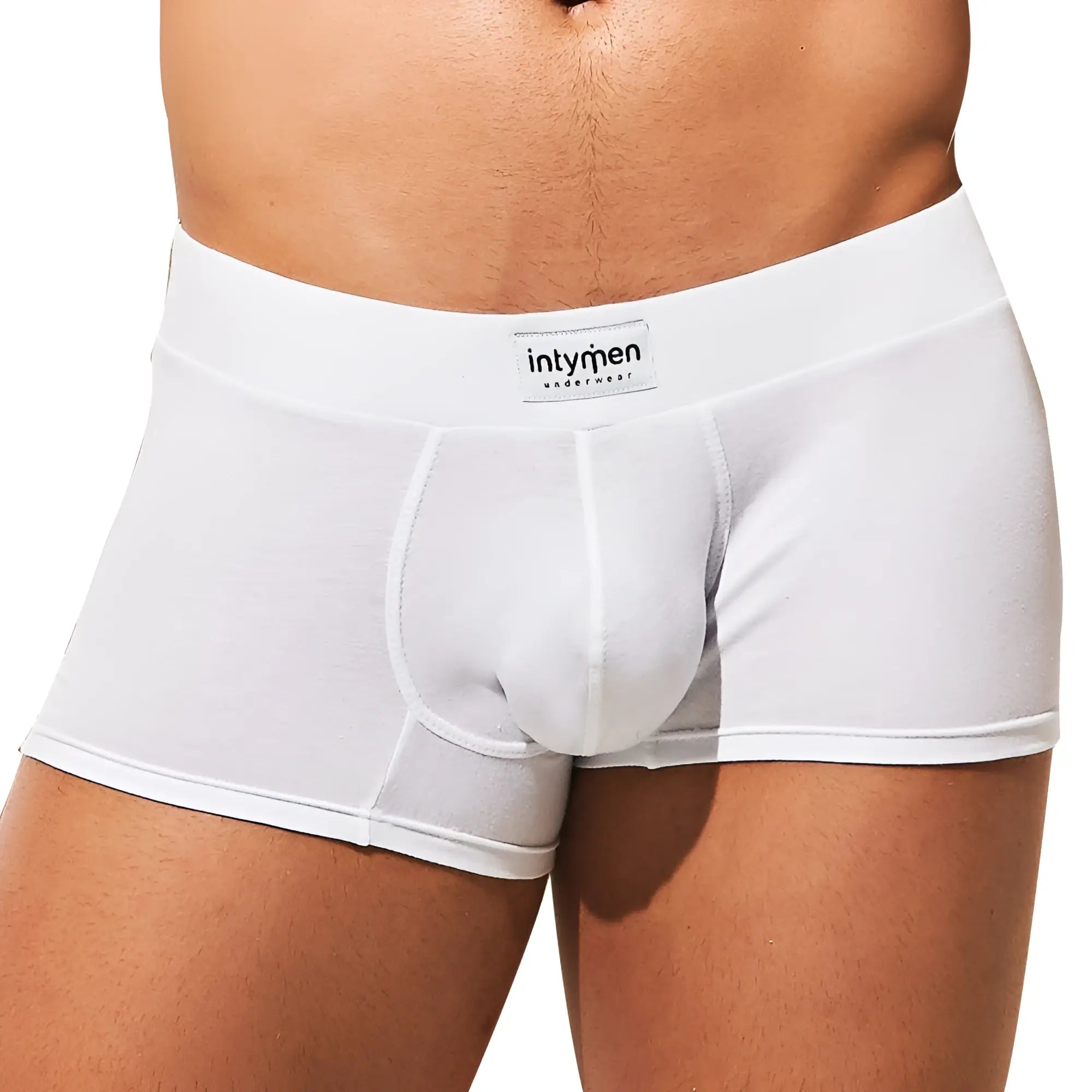 White men’s briefs with smooth form-fitting design and intymen underwear brand label on waistband from intymen ing074 boxer trunk