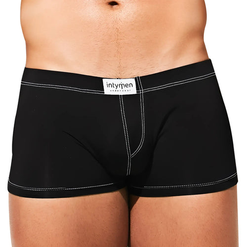 Black briefs with white stitching and intymen underwear label on waistband from intymen ING075 boxer trunk collection