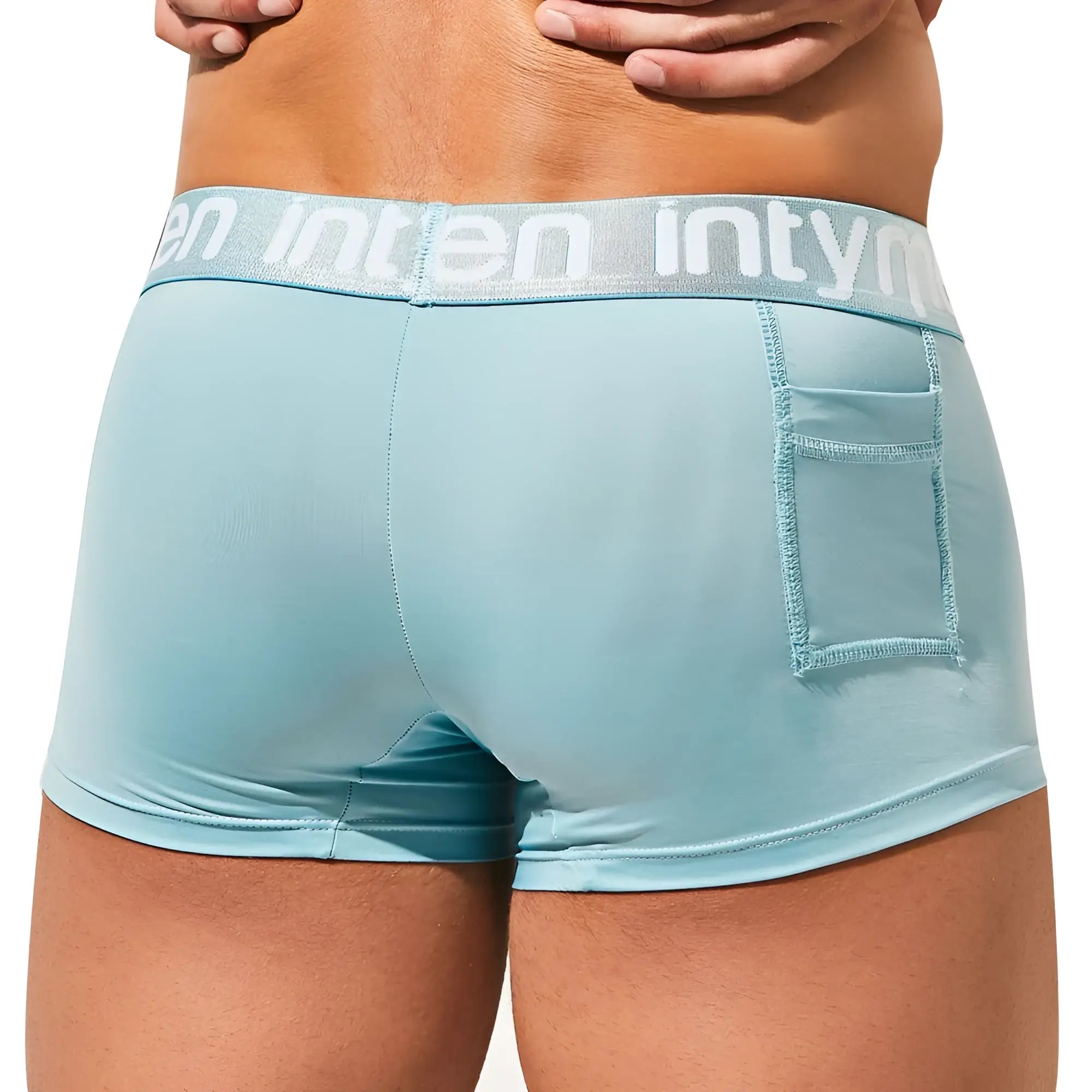 Light blue Intymen ING076 boxer trunk briefs with white intymo waistband and small front pocket for active wear