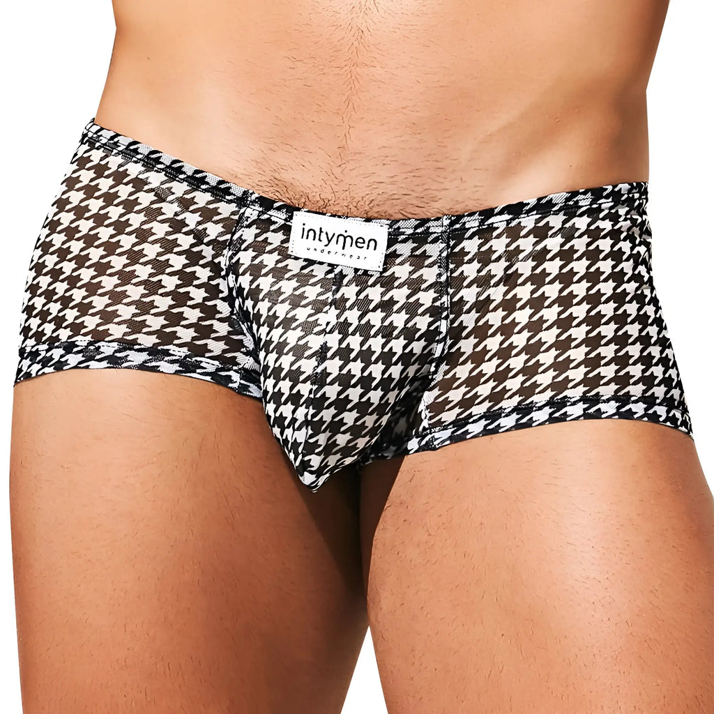 Intymen ing077 boxer trunk men’s black and white houndstooth patterned underwear with branded label