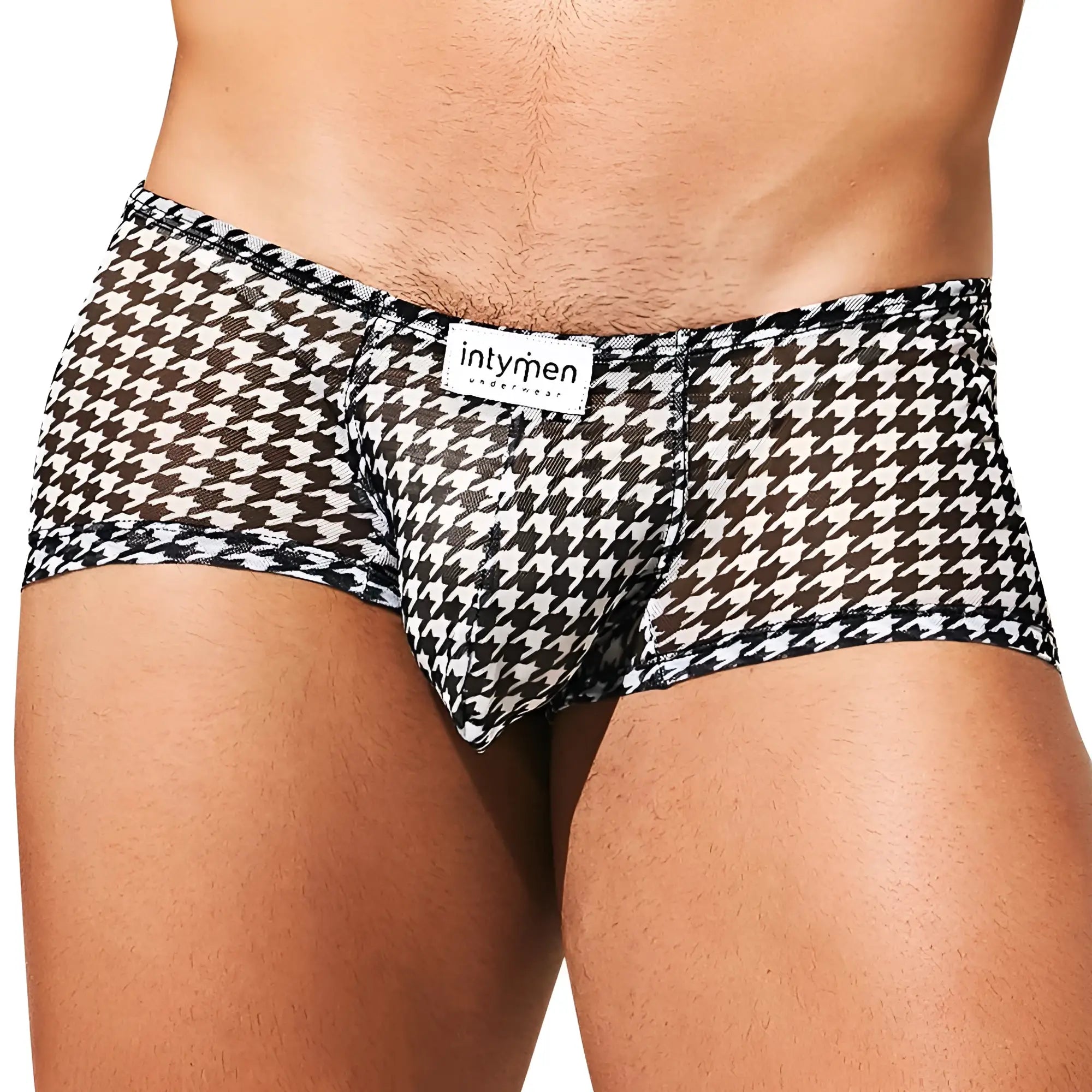Intymen ing077 boxer trunk men’s black and white houndstooth patterned underwear with branded label