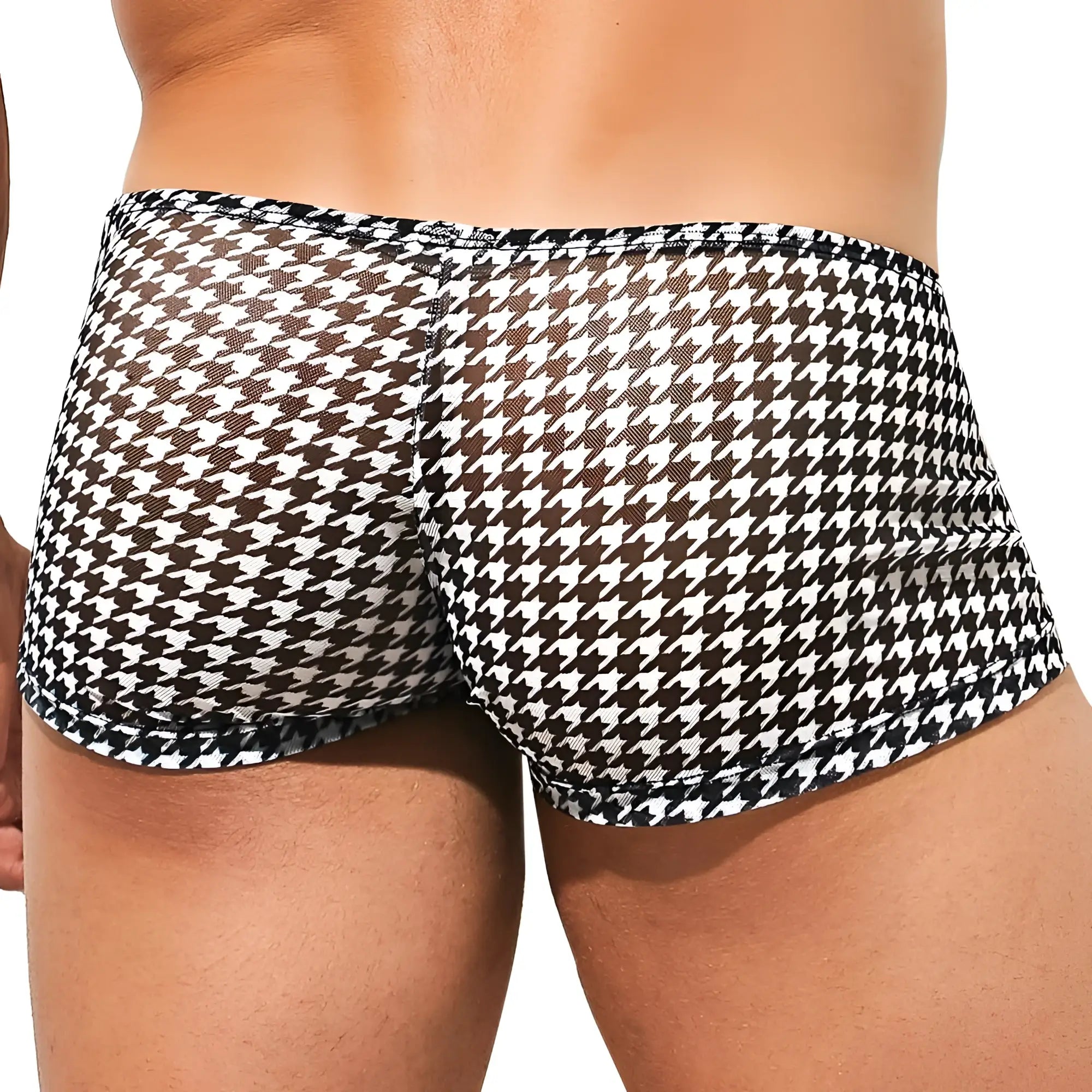 Black and white houndstooth patterned mesh briefs intymen ING077 boxer trunk front view